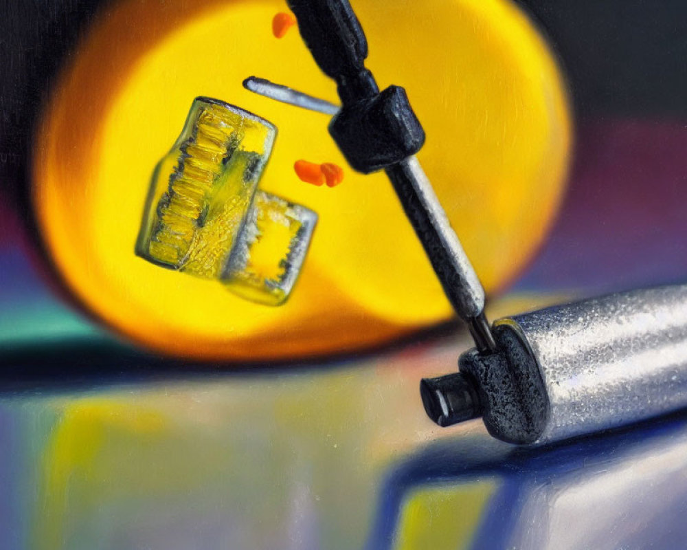 Realistic painting of syringe with droplet on vibrant background