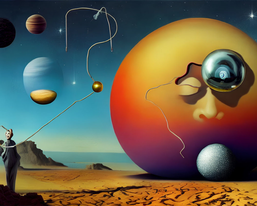 Surreal landscape with bowler hat figure, planetary strings, and giant orb.