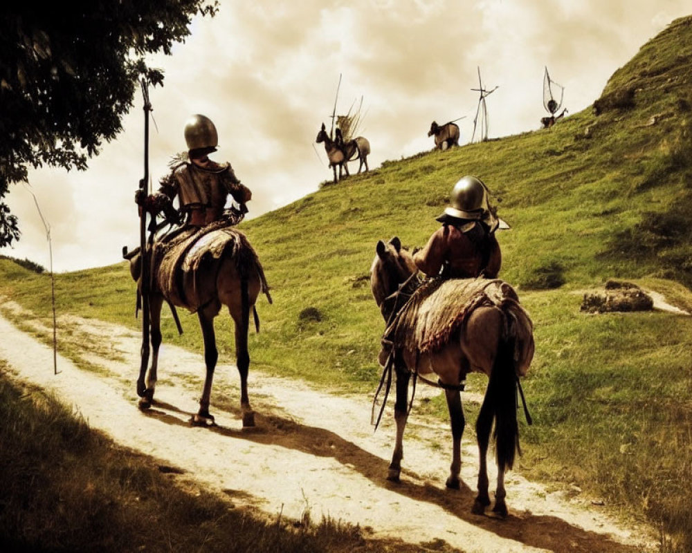 Armored knights on horseback with windmills in medieval scene