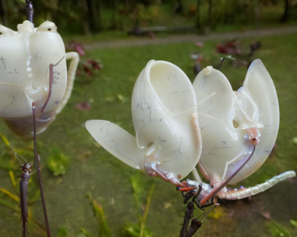 Three white clam shell-like flowers with visible veins and stems on blurred green backdrop