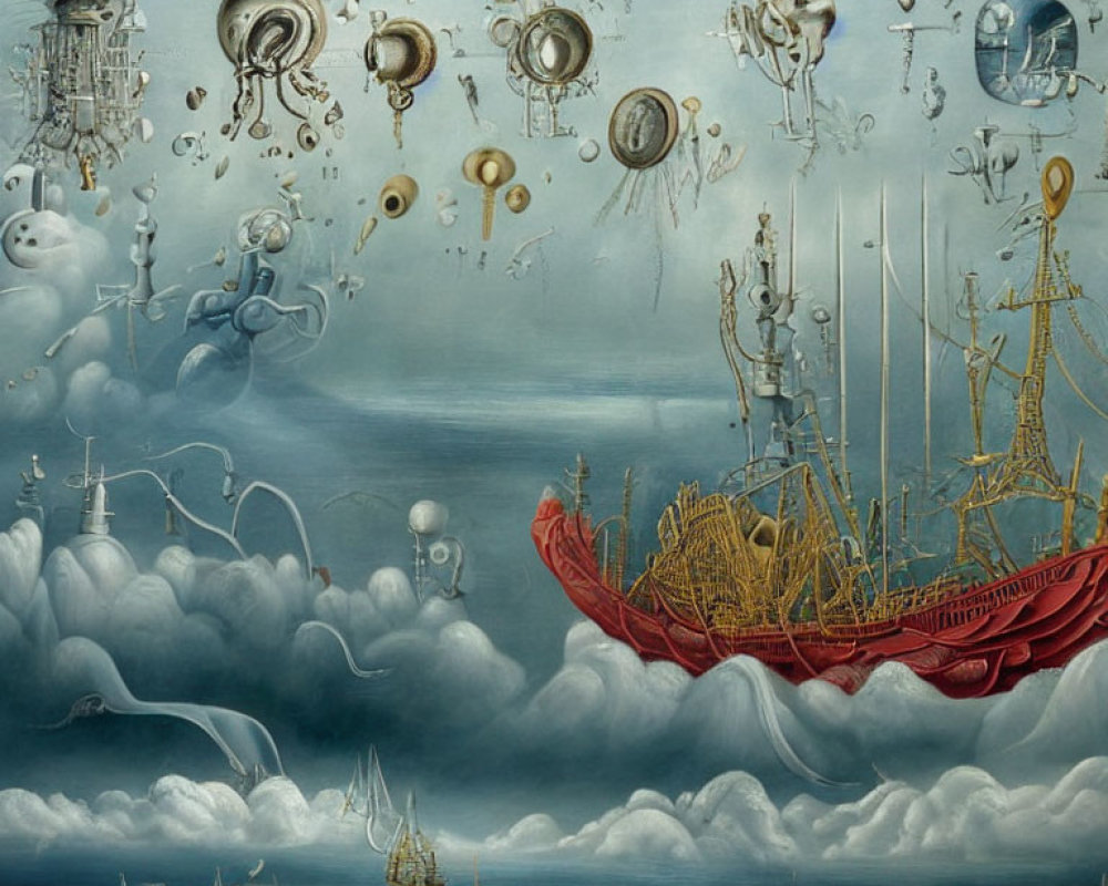 Surreal painting of red sailboat on clouds with whimsical creatures