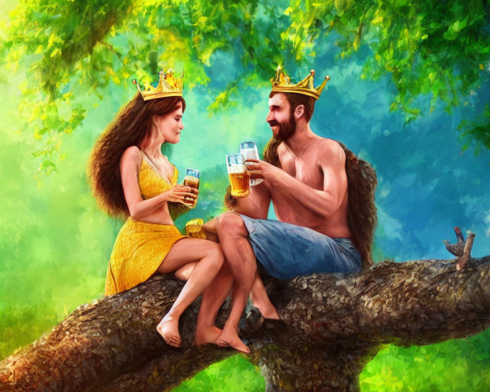 Man and woman in crowns toast with beer on tree branch in vibrant setting