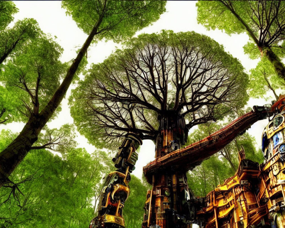 Leafless tree in lush forest with mechanical structures intertwined