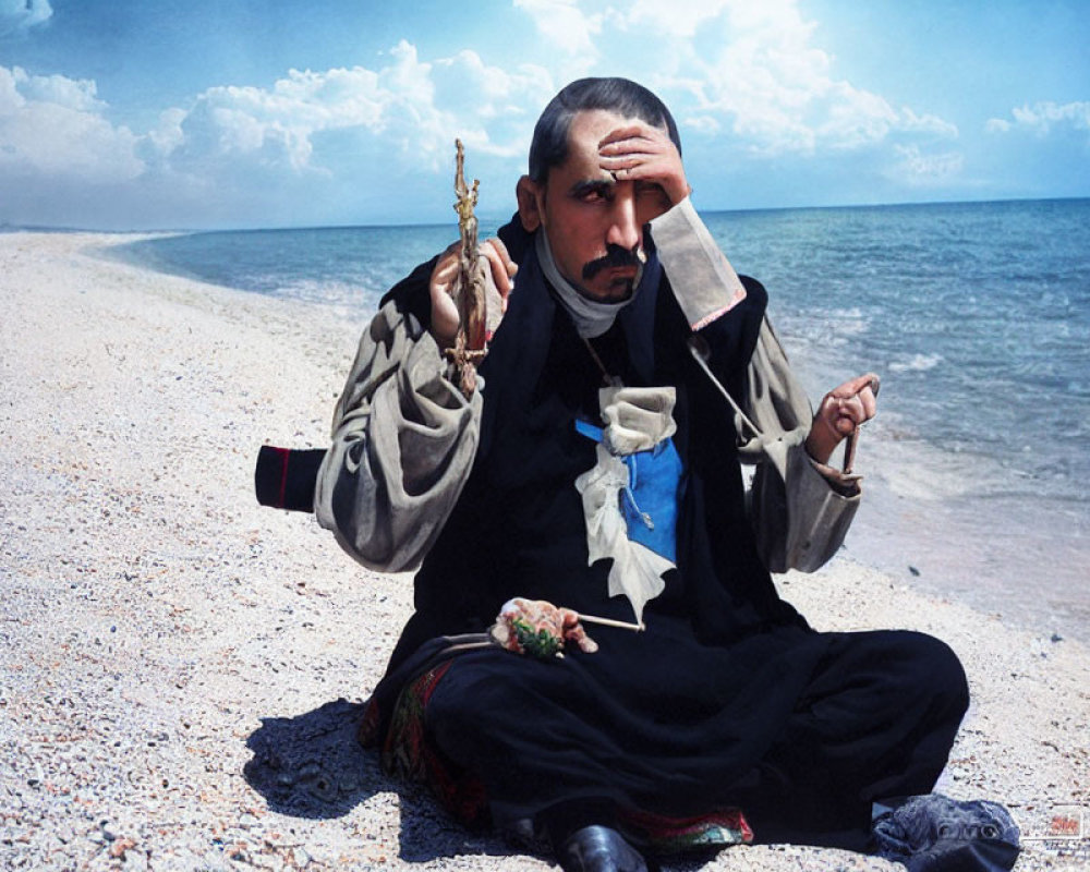 Person in traditional attire gazes into distance on pebble beach with bird on twig