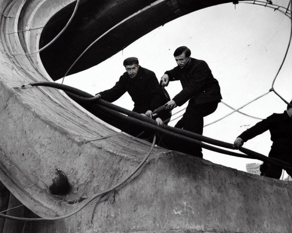 Three men in dark clothing working on large curved concrete structure with industrial surroundings.