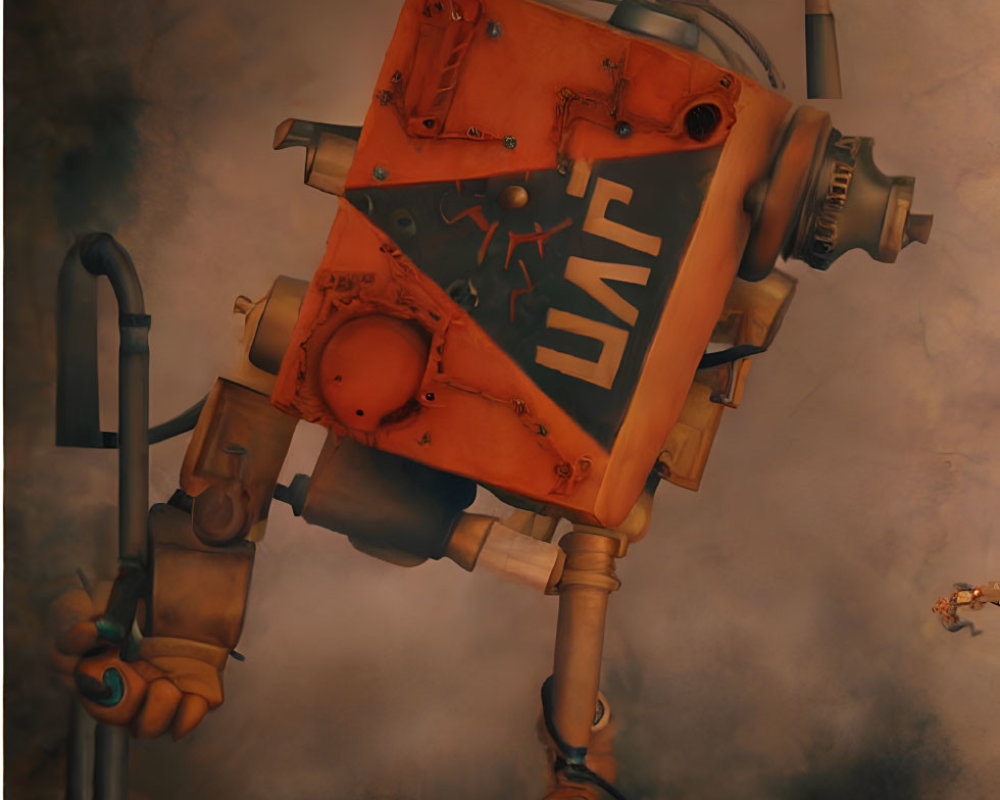 Stylized orange robot with multiple arms on smoky background