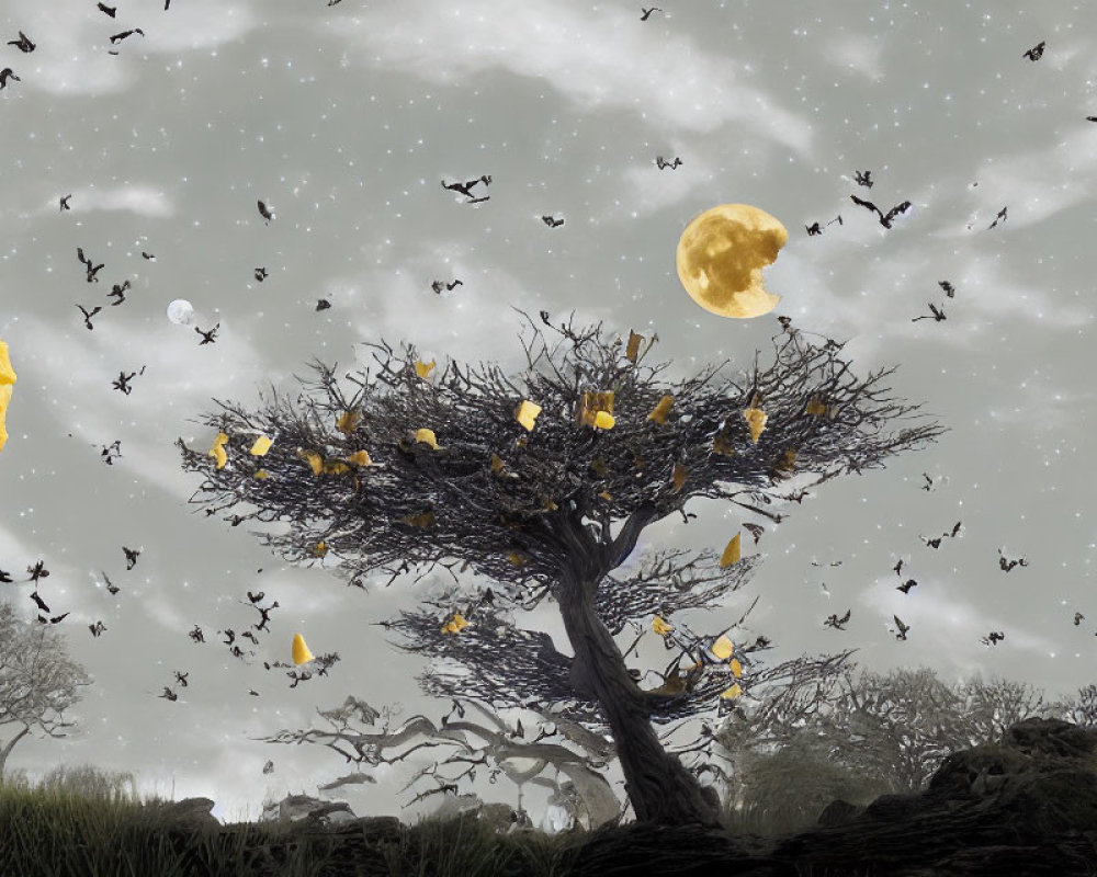 Monochrome surreal landscape with glowing butterflies, ravens, and moonlit sky