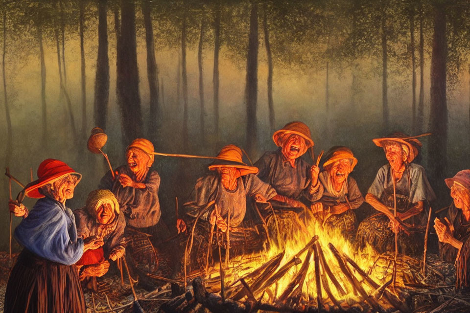 Animated elderly characters in conical hats chat around campfire