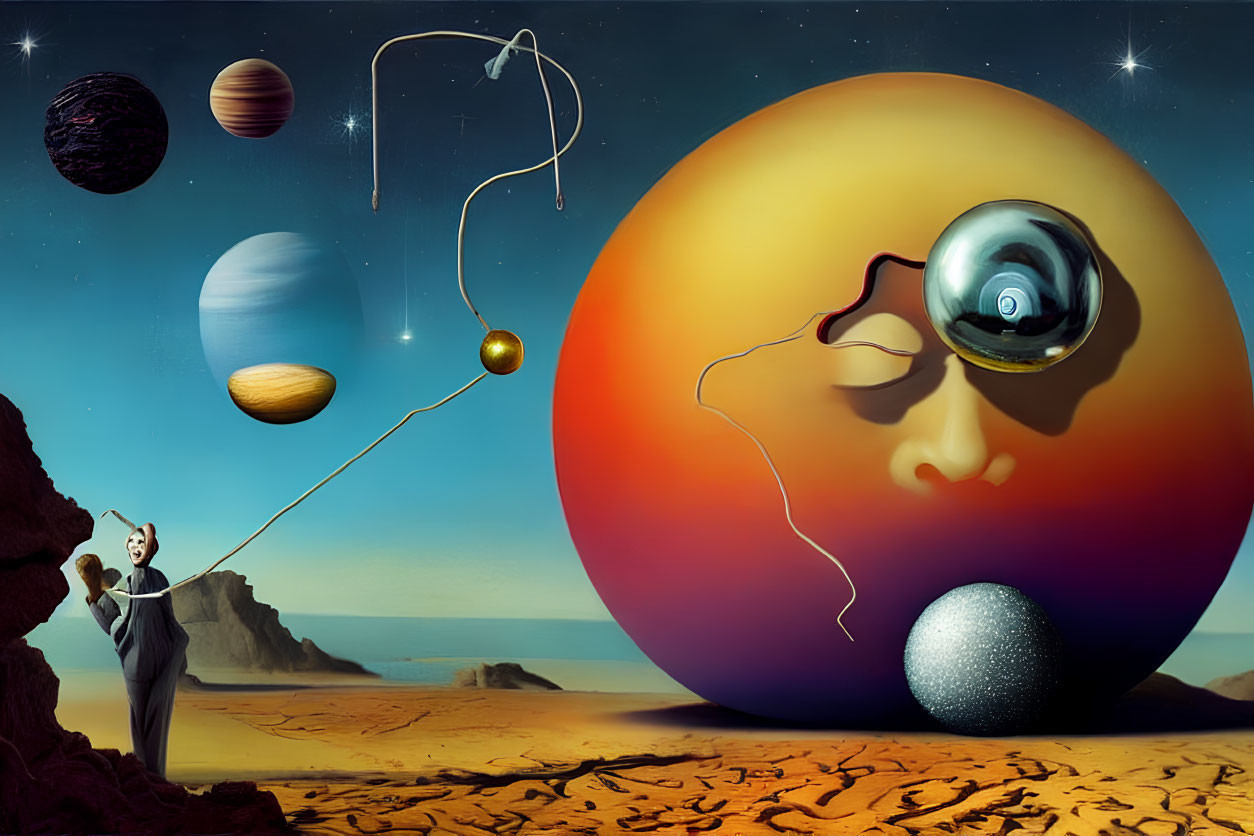 Surreal landscape with bowler hat figure, planetary strings, and giant orb.