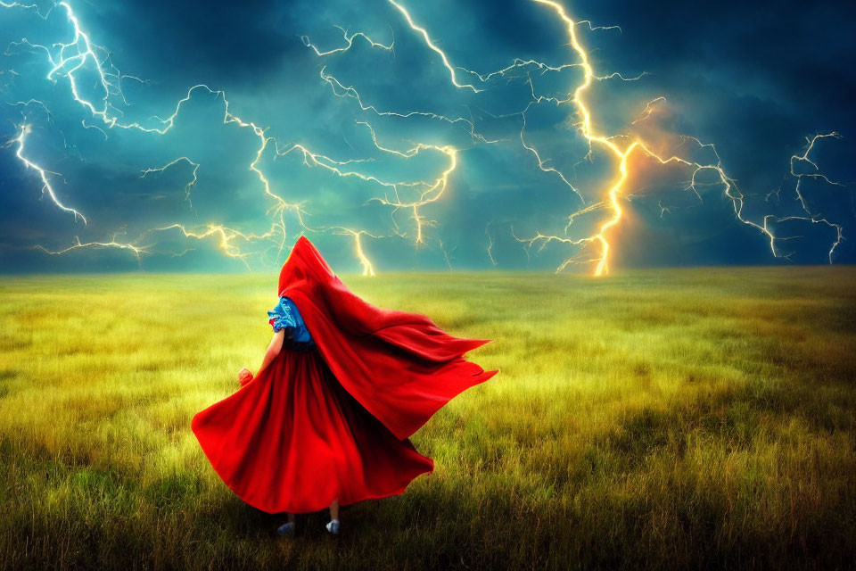 Person in Red Cape Standing in Field with Dramatic Lightning Strike