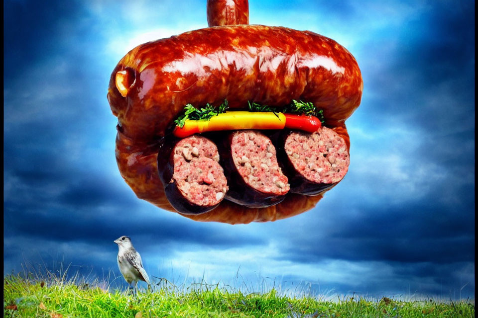 Large sausage with cut sections, bird, grass, dramatic sky.