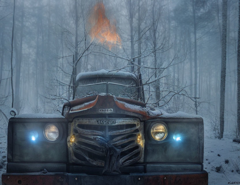 Rusty truck with headlamps on and flame in snowy forest