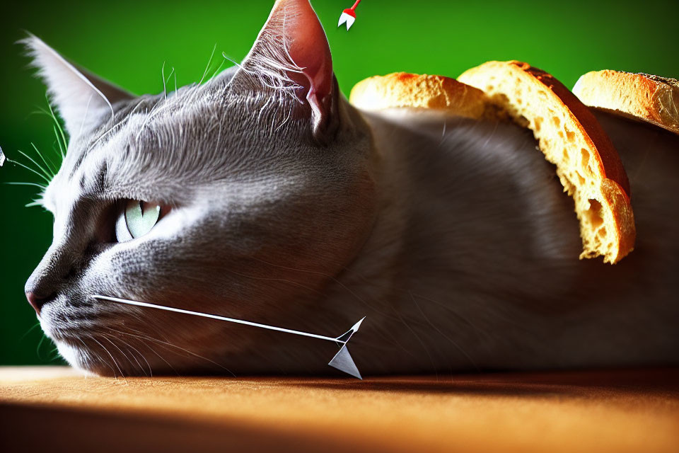 Grey Cat Lying Down with Bread Behind, Optical Illusion