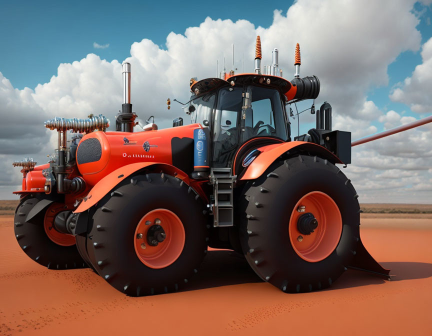 Heavy-duty orange tractor with large black tires on dry soil under clear sky