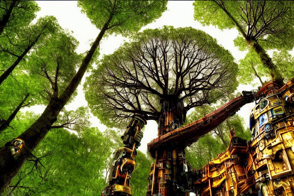 Leafless tree in lush forest with mechanical structures intertwined