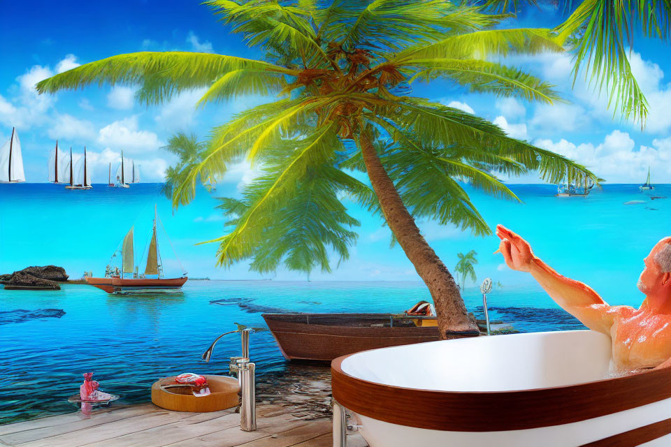 Person relaxing in outdoor bathtub near tropical beach with palm trees and sailboats