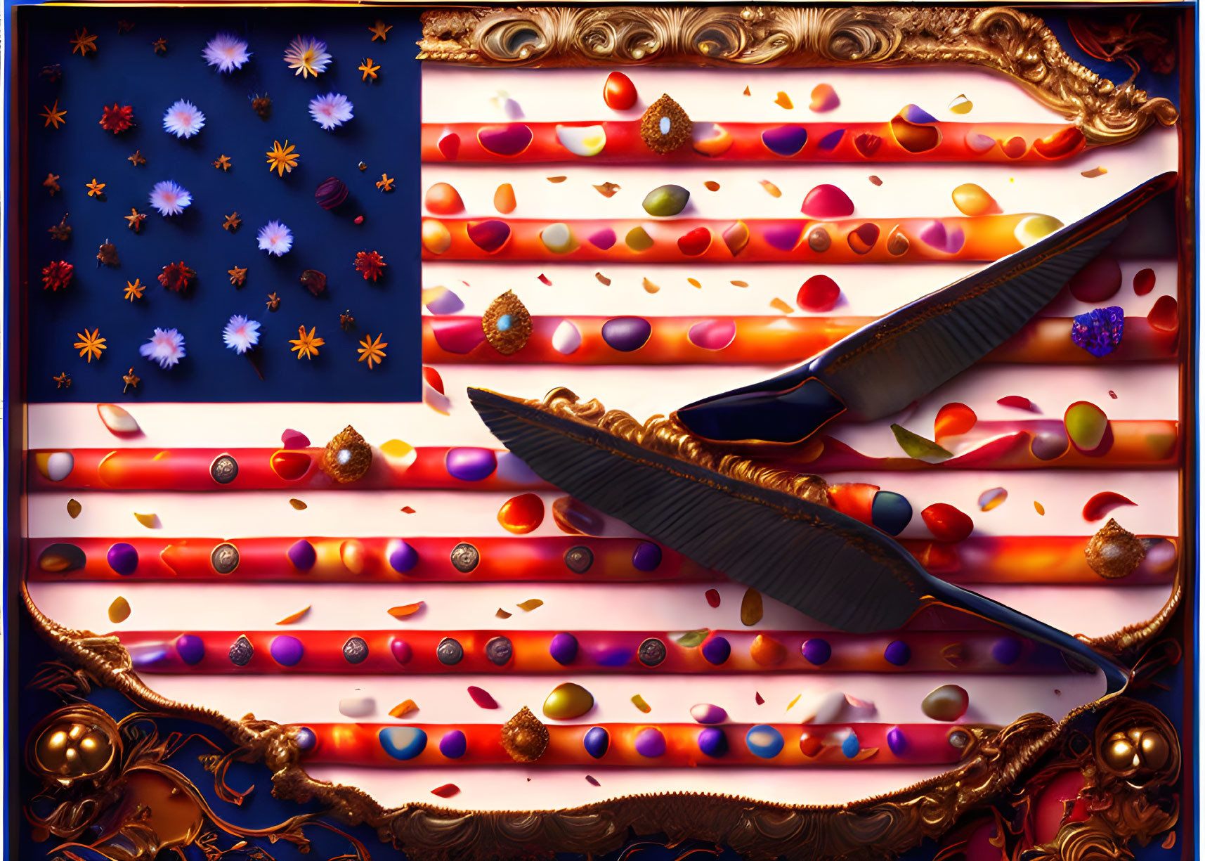 American flag motif artwork with bead and candy embellishments, golden frames, and black-handled knives.