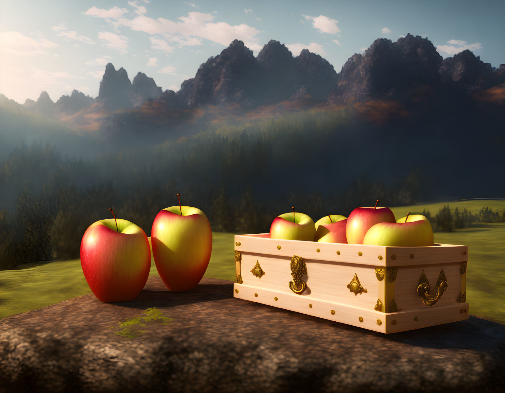 Red apples, wooden crate, mountains, forest - Nature scene with apples and scenery.