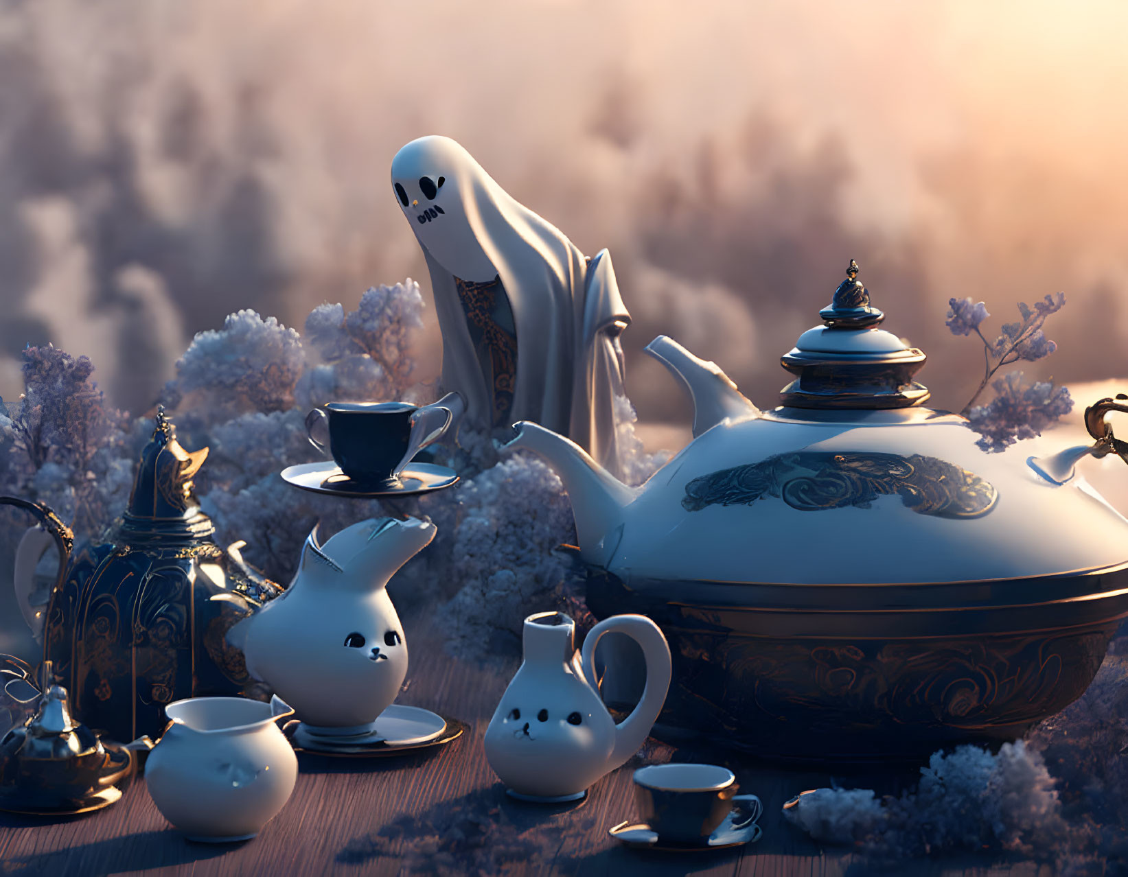 Ethereal ghostly figure at whimsical tea party in enchanting forest