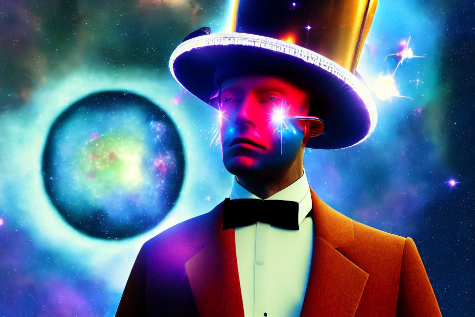 Surreal portrait of man with top hat and glowing eyes amid cosmic backdrop