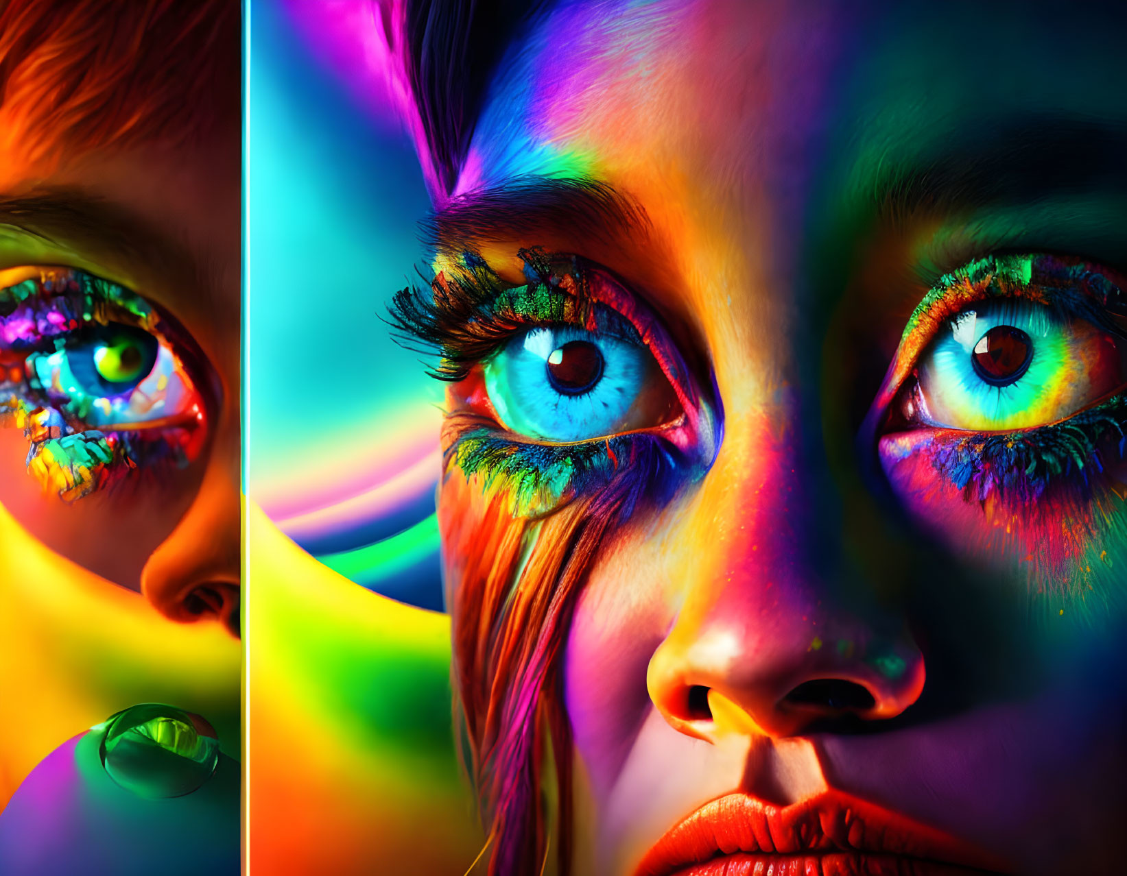 Vibrant rainbow lights illuminate woman's blue eyes and dramatic makeup