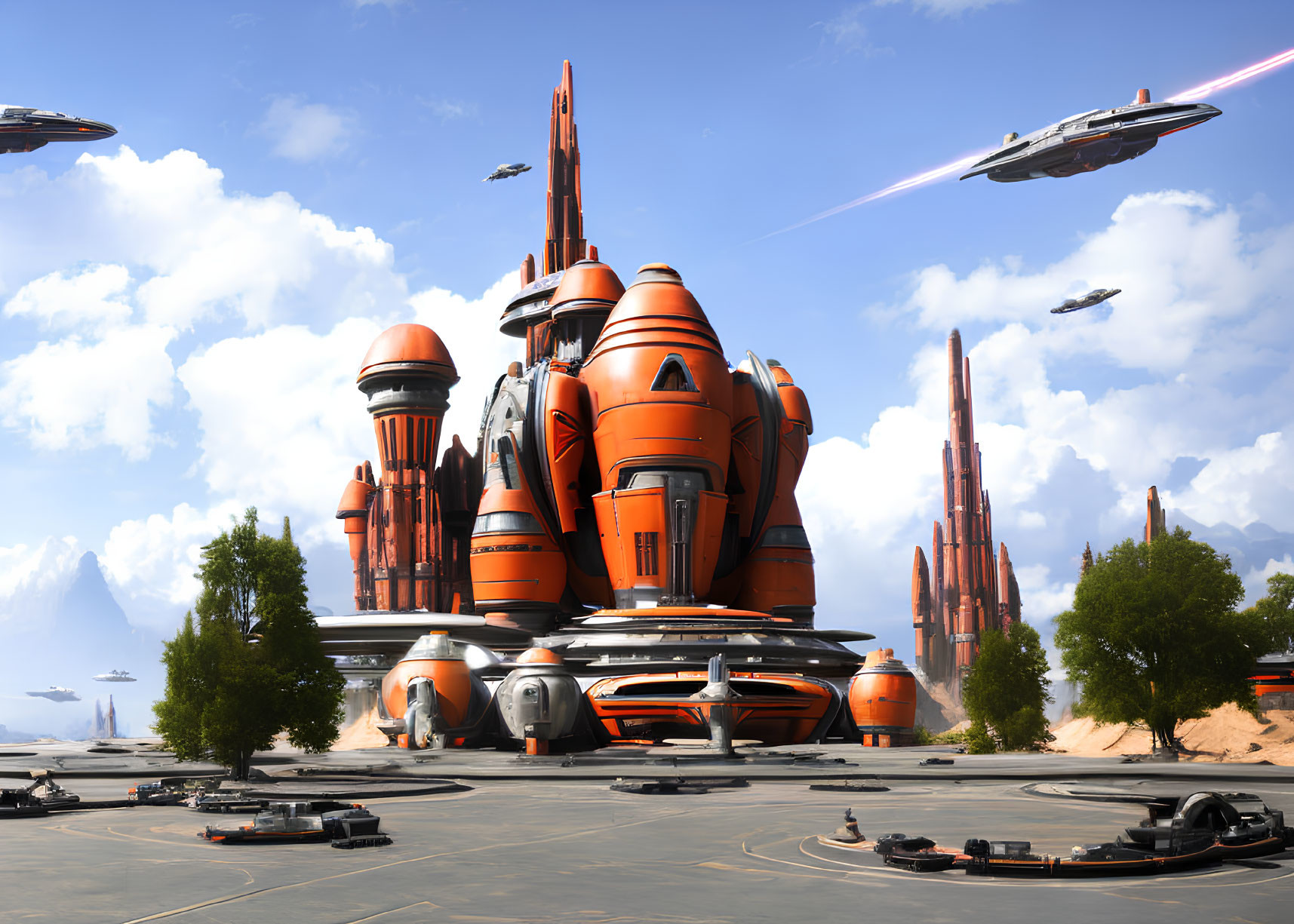 Futuristic cityscape with towering orange structures and flying vehicles