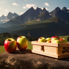 Red apples, wooden crate, mountains, forest - Nature scene with apples and scenery.