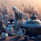 Ethereal ghostly figure at whimsical tea party in enchanting forest