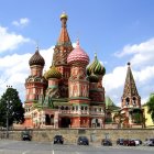 Colorful whimsical castle with onion domes and spires in a fairy tale setting