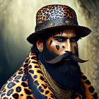 Styled man in leopard print outfit with piercings and makeup pose against soft backdrop