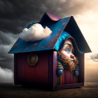 Whimsical cuckoo clock house with bearded figure against dramatic sky