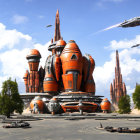 Futuristic cityscape with towering orange structures and flying vehicles