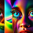 Vibrant rainbow lights illuminate woman's blue eyes and dramatic makeup