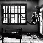 Monochromatic image of a stylized room with large windows, cobwebs, figure with staff,