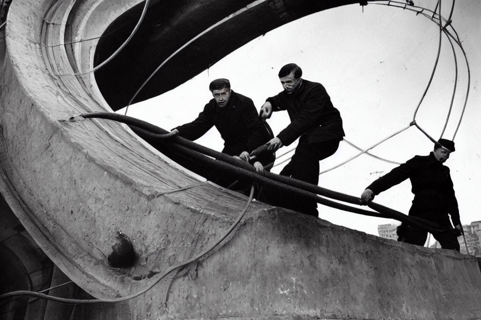 Three men in dark clothing working on large curved concrete structure with industrial surroundings.