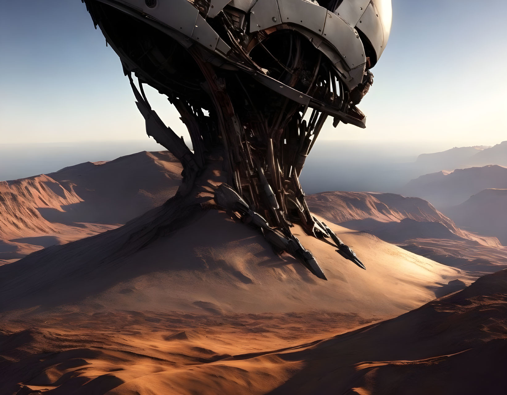 Futuristic spaceship over desert landscape with mountains