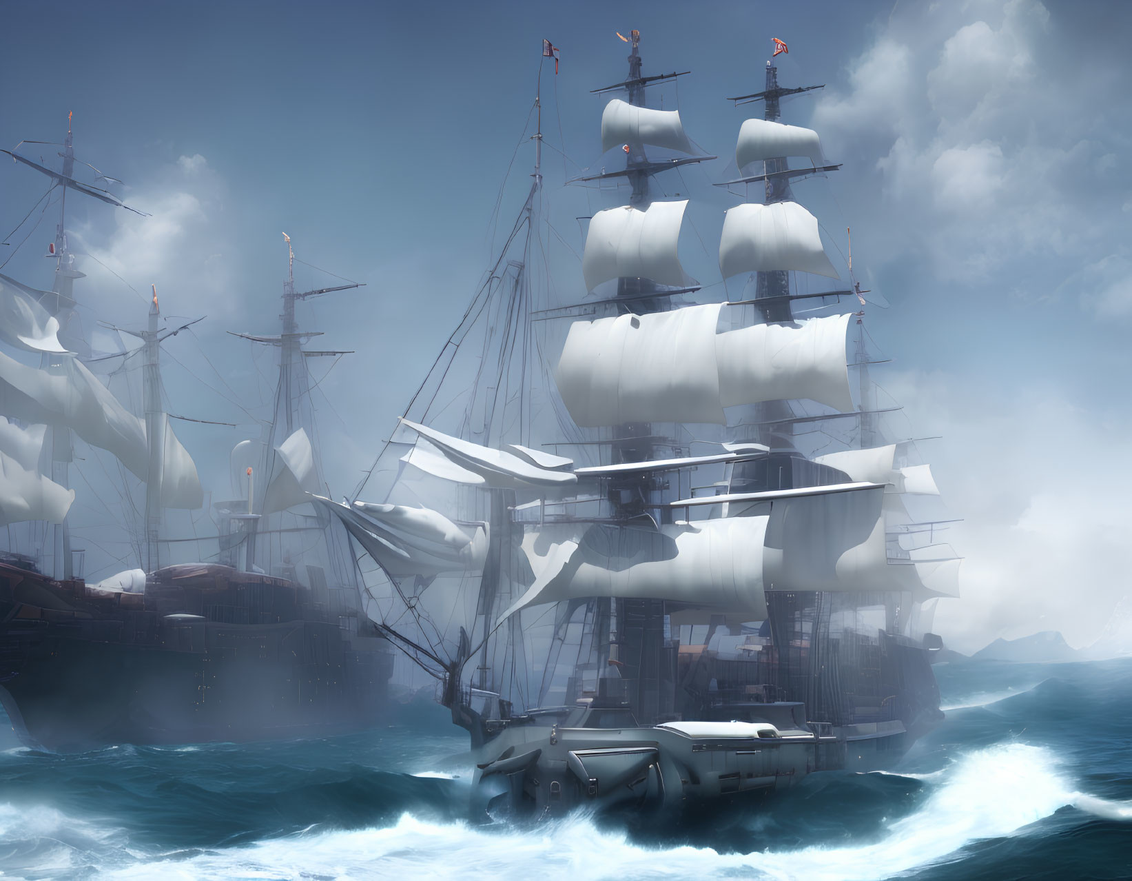 Majestic sailing ships in misty ocean waters