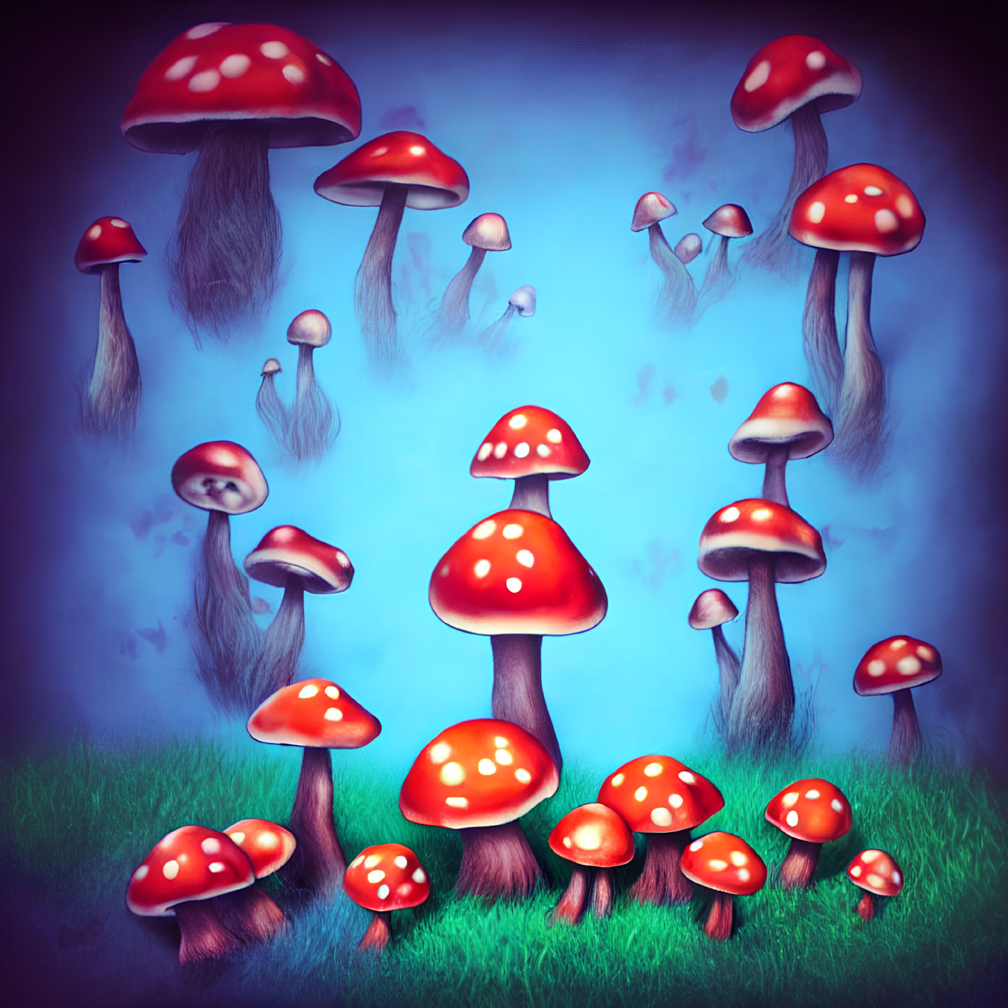 Illustration of red-capped mushrooms in grass on blue background