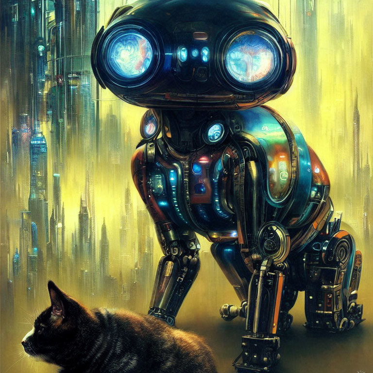 Detailed futuristic robot with glowing eyes beside a cat in neon cityscape