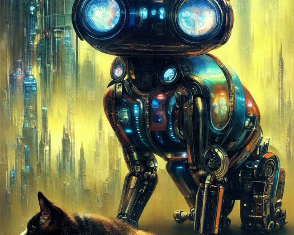 Detailed futuristic robot with glowing eyes beside a cat in neon cityscape