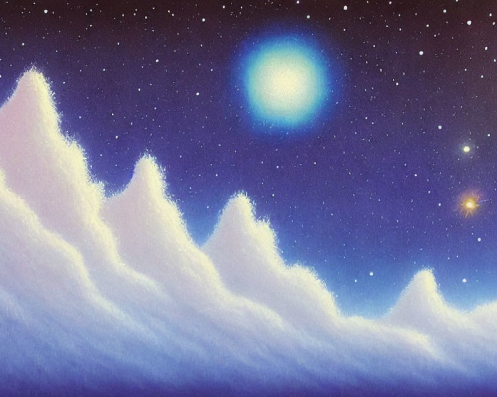 Snowy Mountain Peaks under Starry Sky with Blue Celestial Body