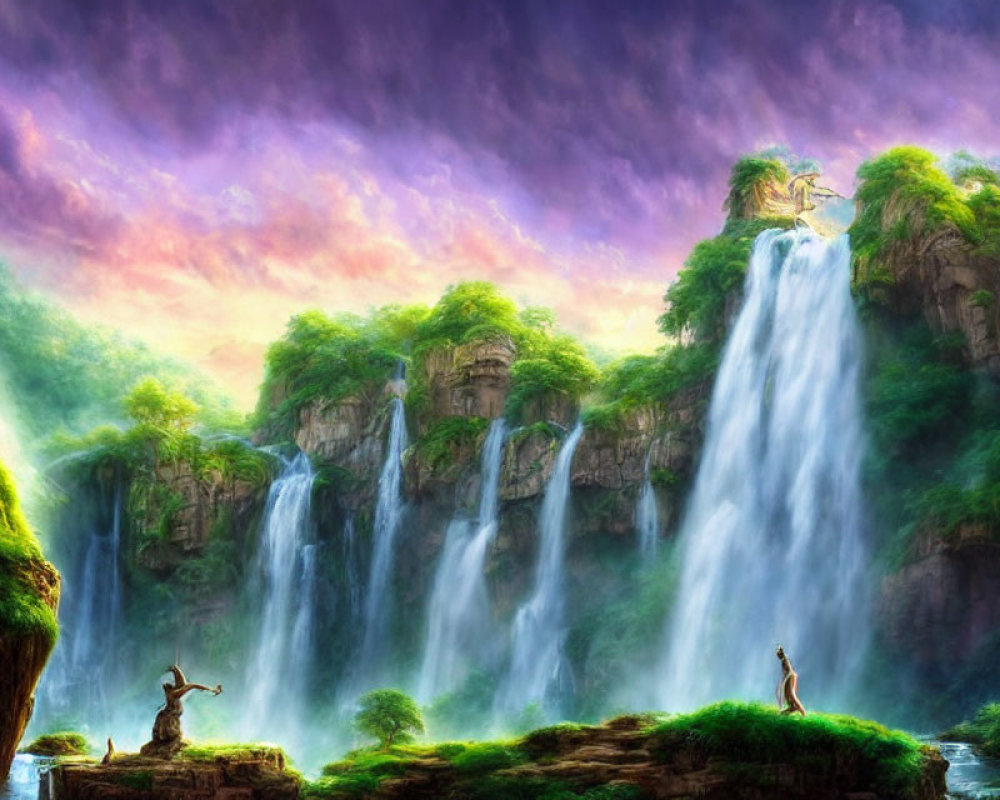 Fantastical landscape with lush greenery and majestic waterfalls