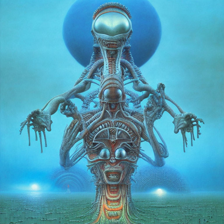 Surreal biomechanical structure with humanoid faces and limbs on blue backdrop.