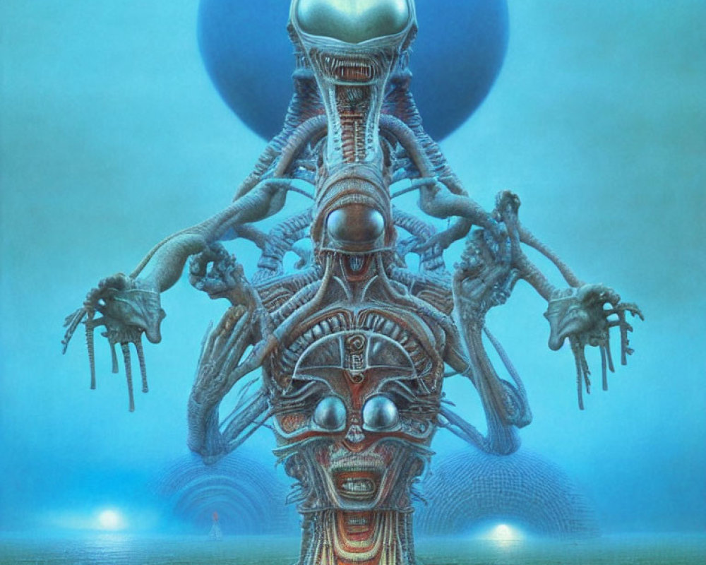 Surreal biomechanical structure with humanoid faces and limbs on blue backdrop.