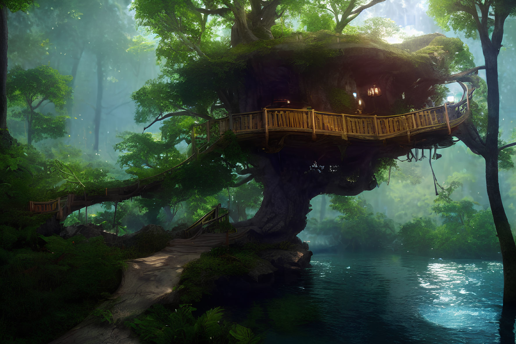 Serene forest scene with enchanting treehouse and wooden bridge