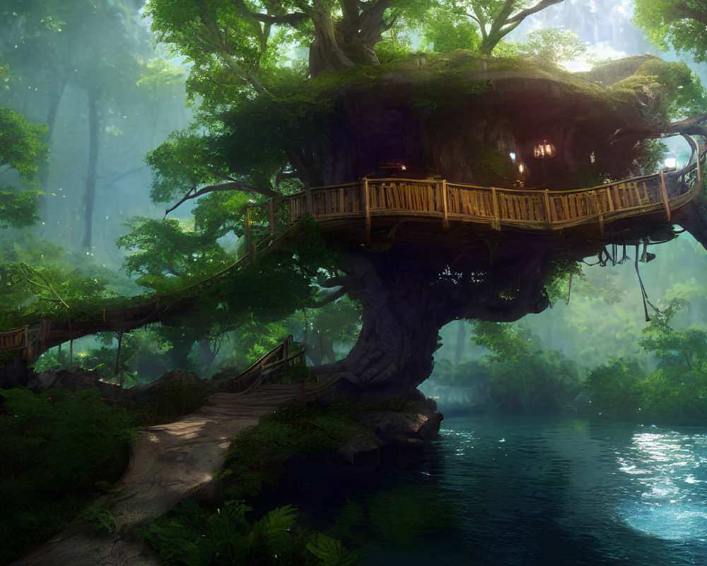 Serene forest scene with enchanting treehouse and wooden bridge