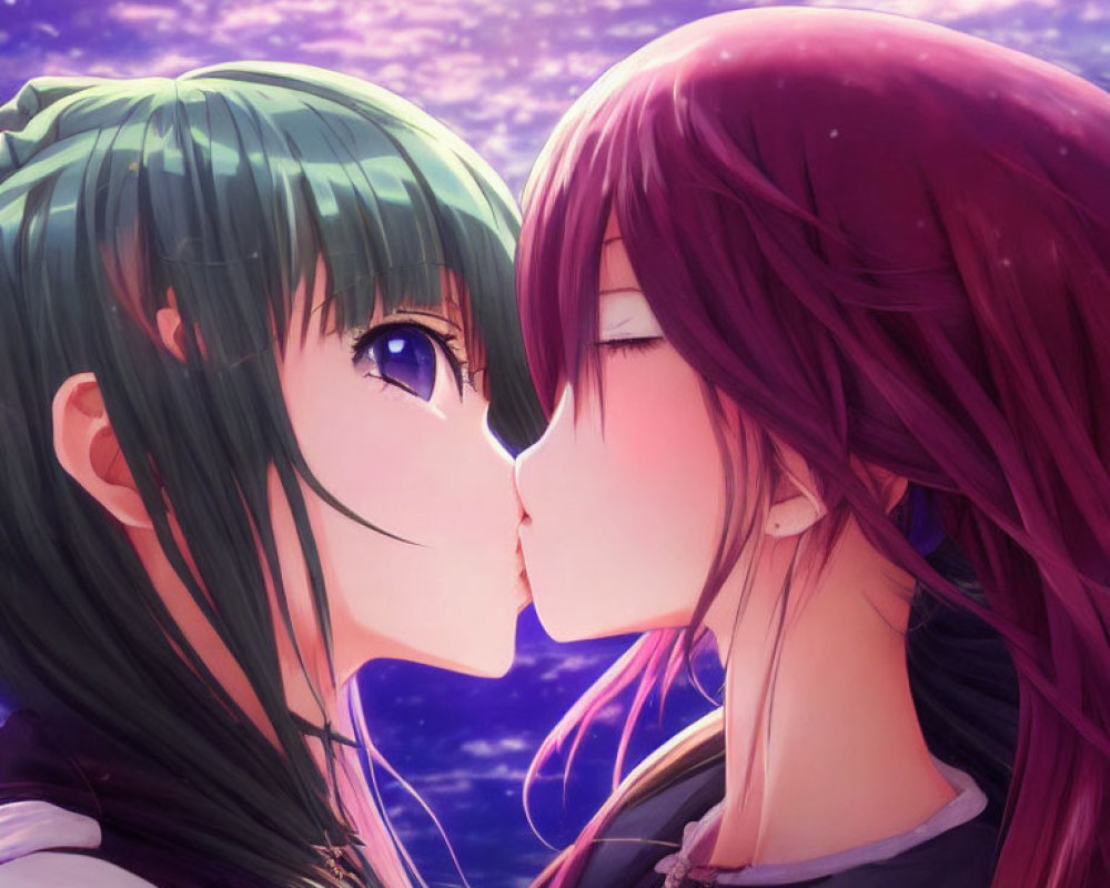 Anime-style girls kissing under purple twilight sky