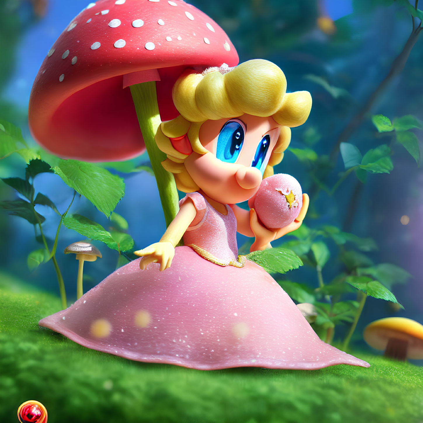 Princess Peach in pink dress with peach and red mushroom in enchanted forest