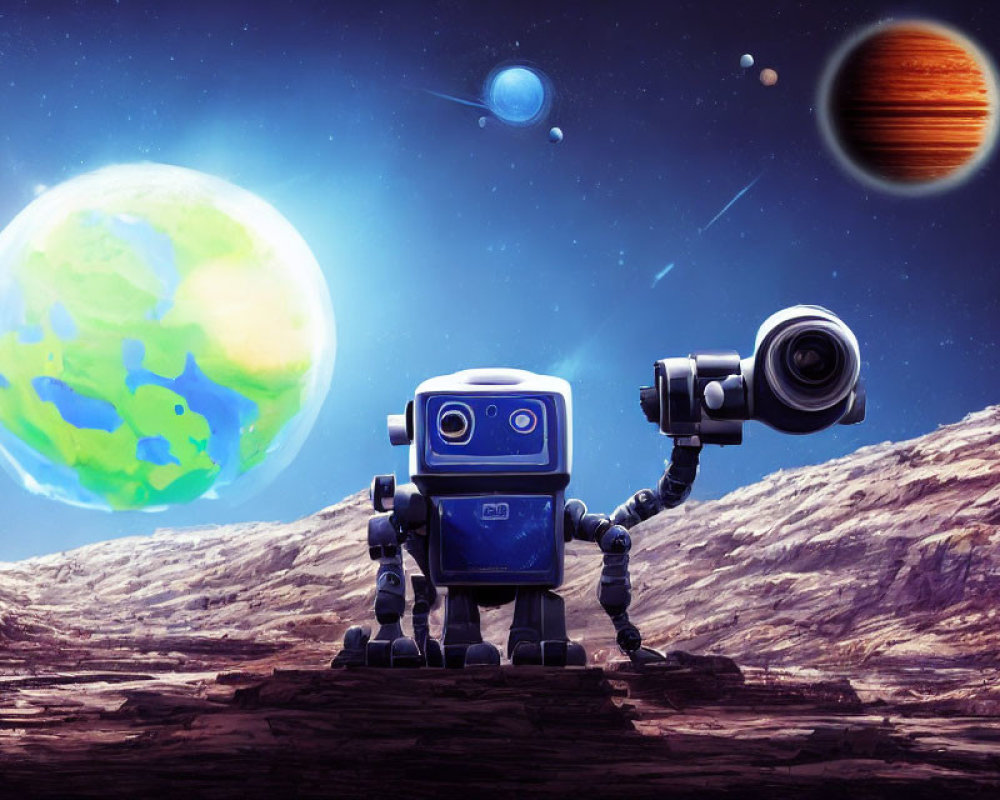 Blue robot on alien landscape gazes at colorful planets through telescope