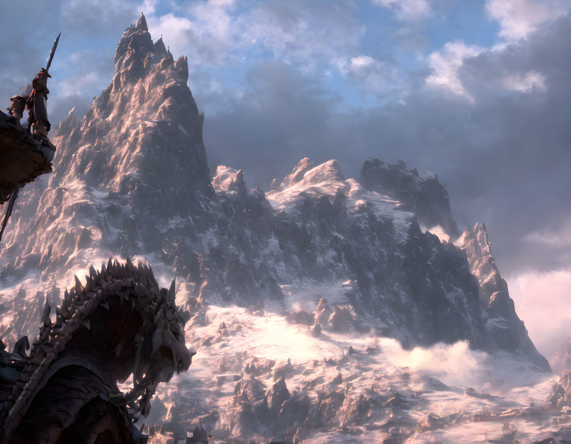 Warrior on Dragon with Snow-Capped Mountain and Dramatic Sky